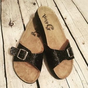 Black Glitter Slides
